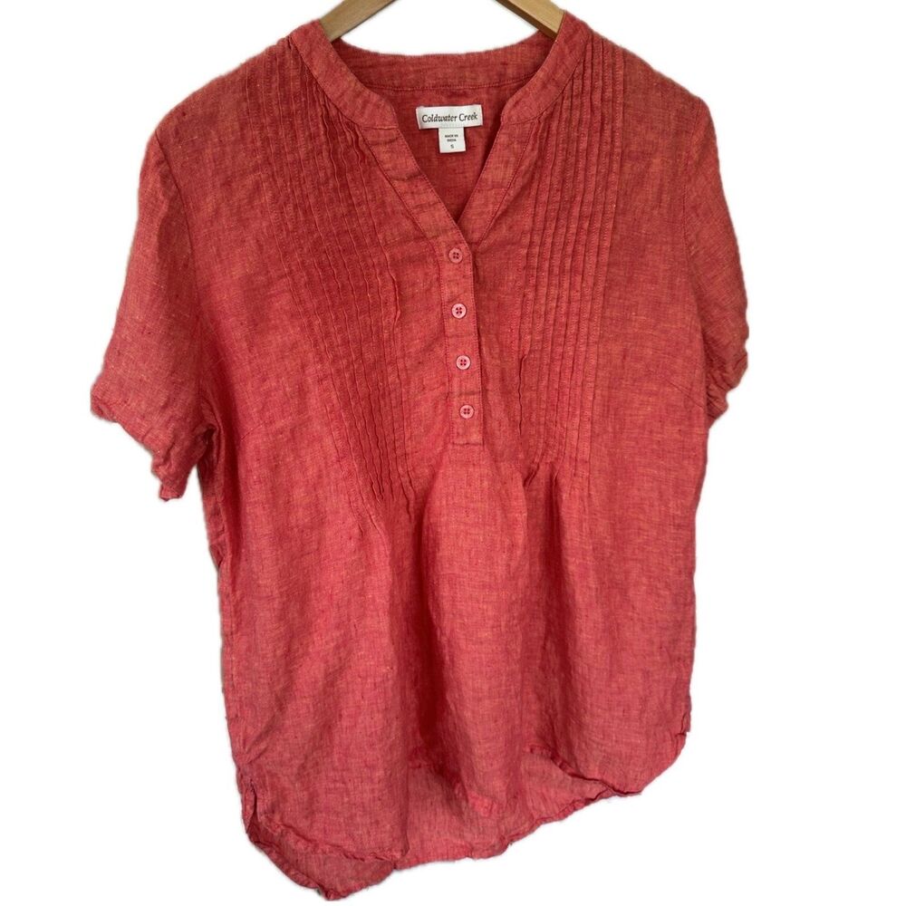 Coldwater Creek Women's 100% Linen Front Piping Pullover Mandarin Collar Blouse